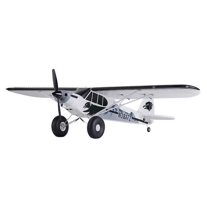FMS 1300mm PA-18 Super Cub RC airplane in black and white.