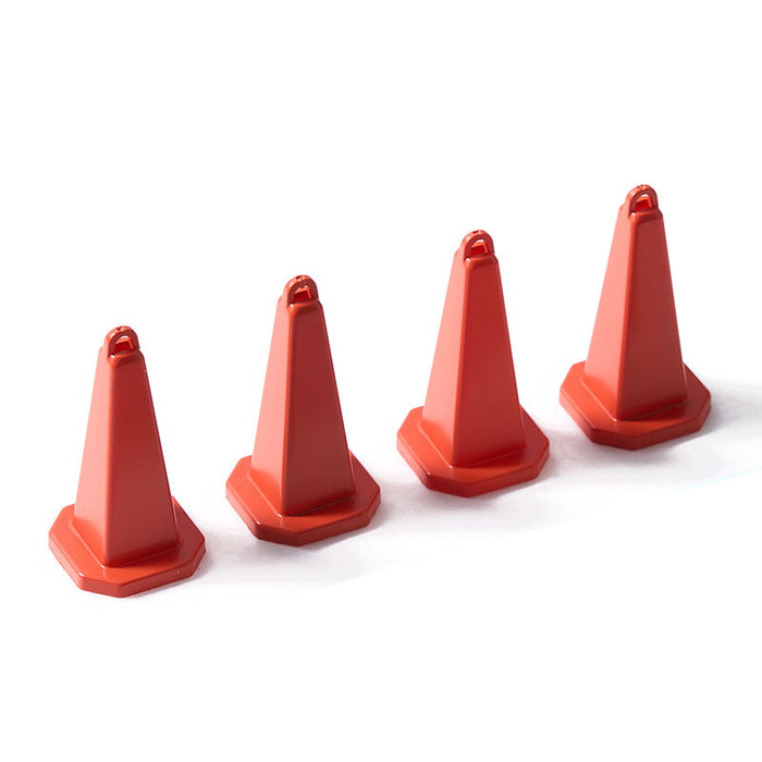 Set of four red traffic cones for use in RC vehicle setup or play