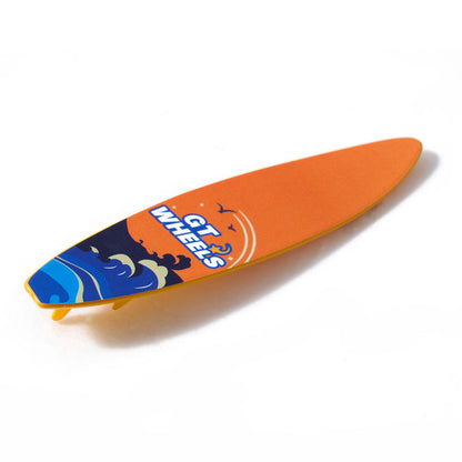 Orange surfboard toy with GT Wheels logo and ocean design