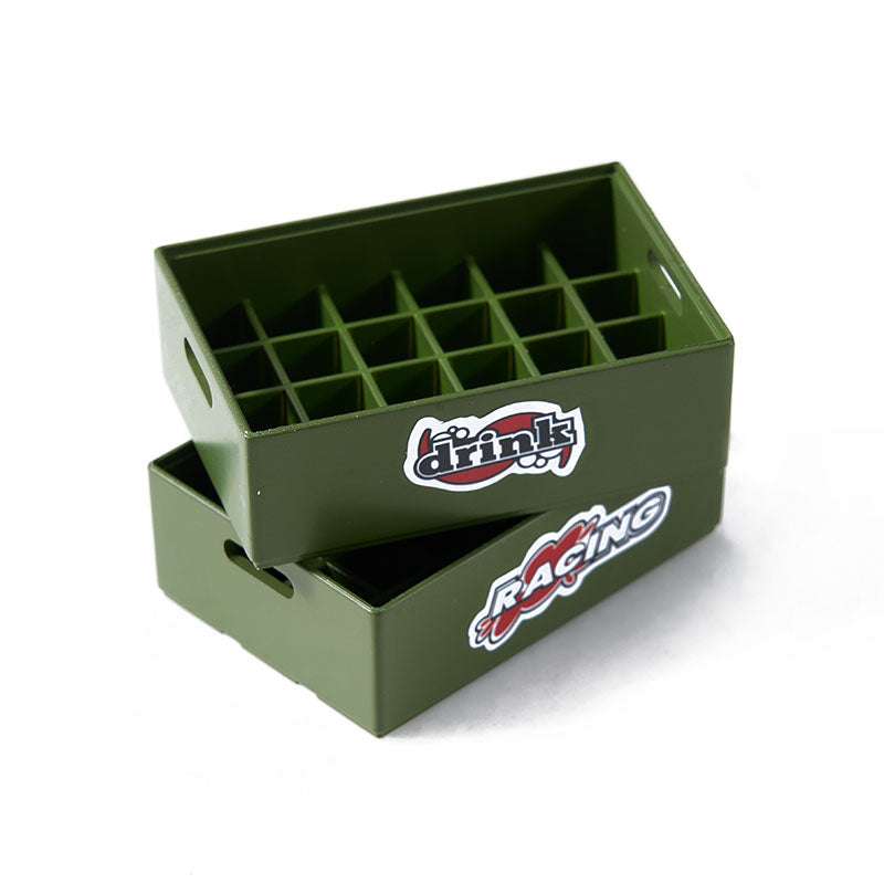 Green RC model beer crates with drink and racing stickers