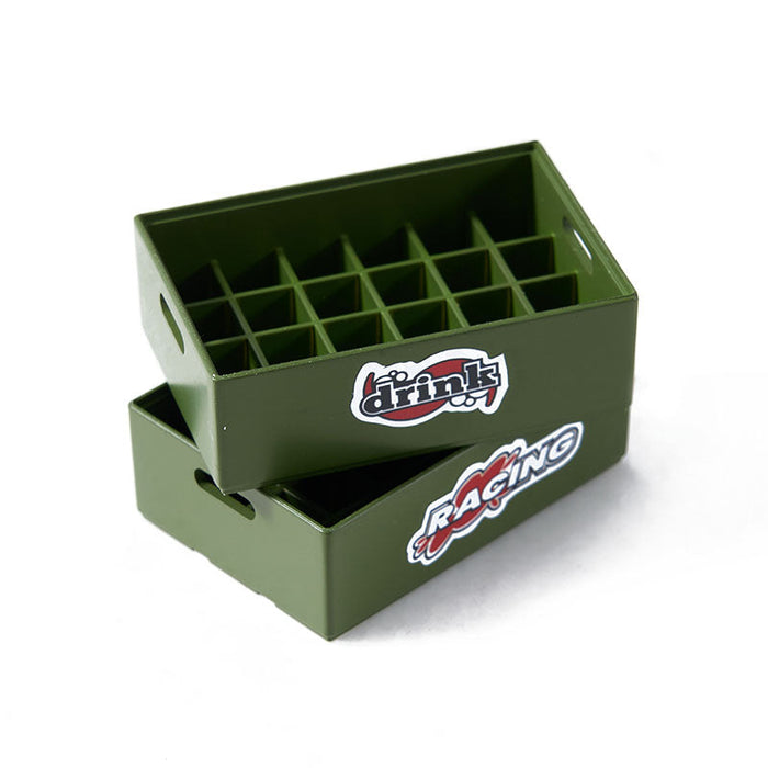 Green RC model beer crates with drink and racing stickers