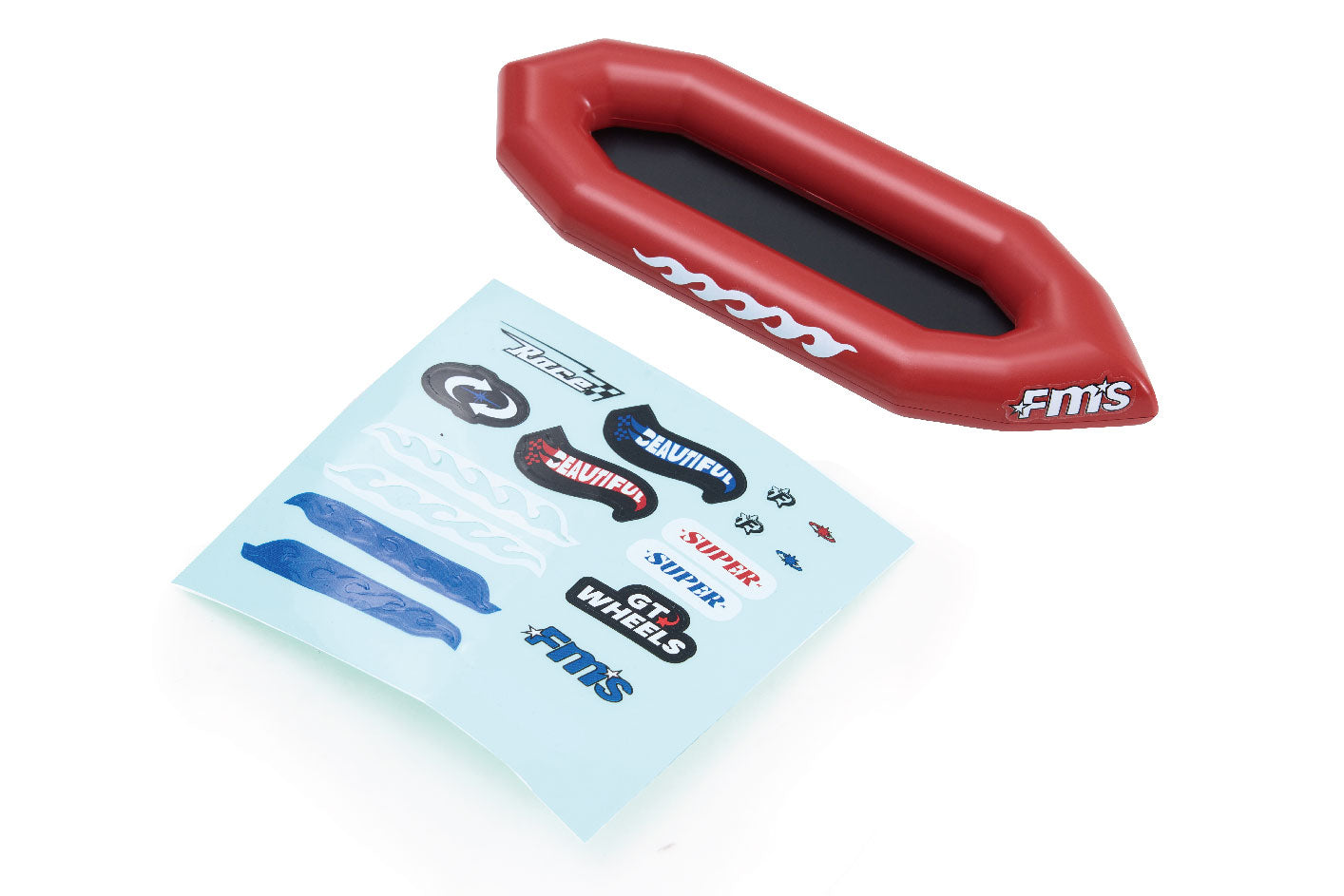 Red kayak RC model accessory with customization stickers.