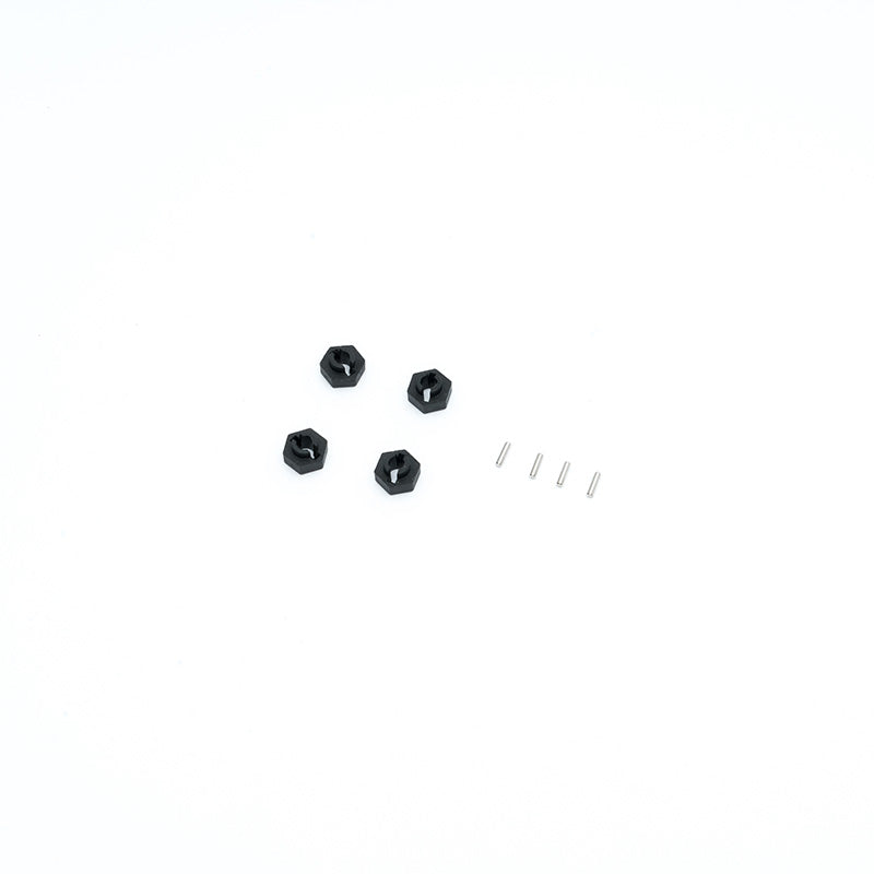 Black hex wheel adapters and pins for RC vehicle wheels