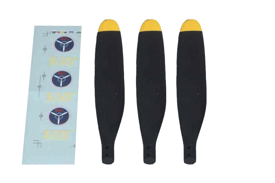 Three black RC propeller blades with yellow tips and FMS decals for model aircraft.