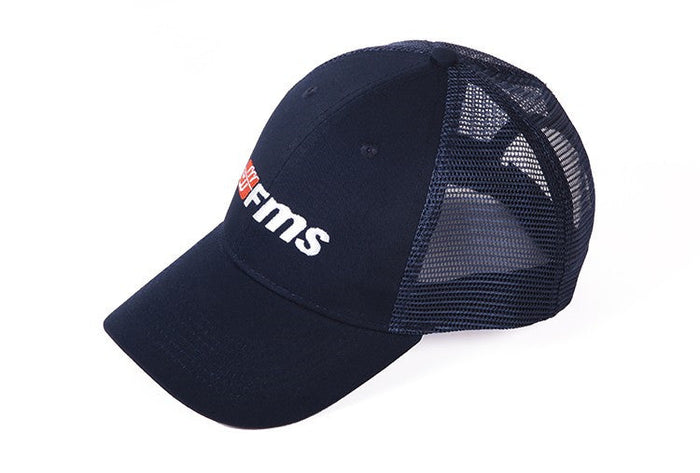 Navy FMS logo cap for RC model hobbyists with a breathable mesh design.