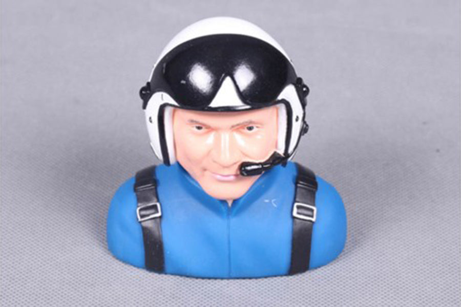Pilot figurine in blue suit with black helmet and headset for RC model displays