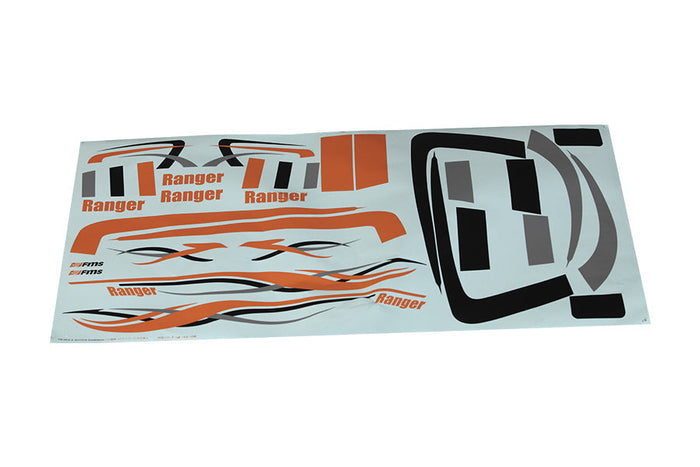 850mm Ranger decal sheet with logos and graphic designs in orange and black.