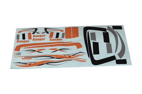 850mm Ranger decal sheet with logos and graphic designs in orange and black.