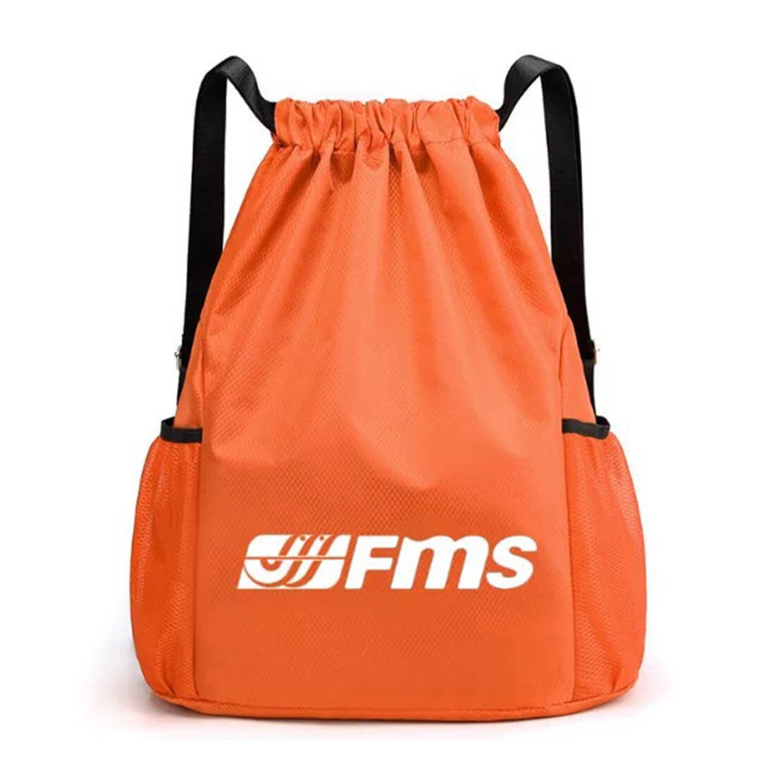 Orange drawstring waterproof backpack with FMS logo