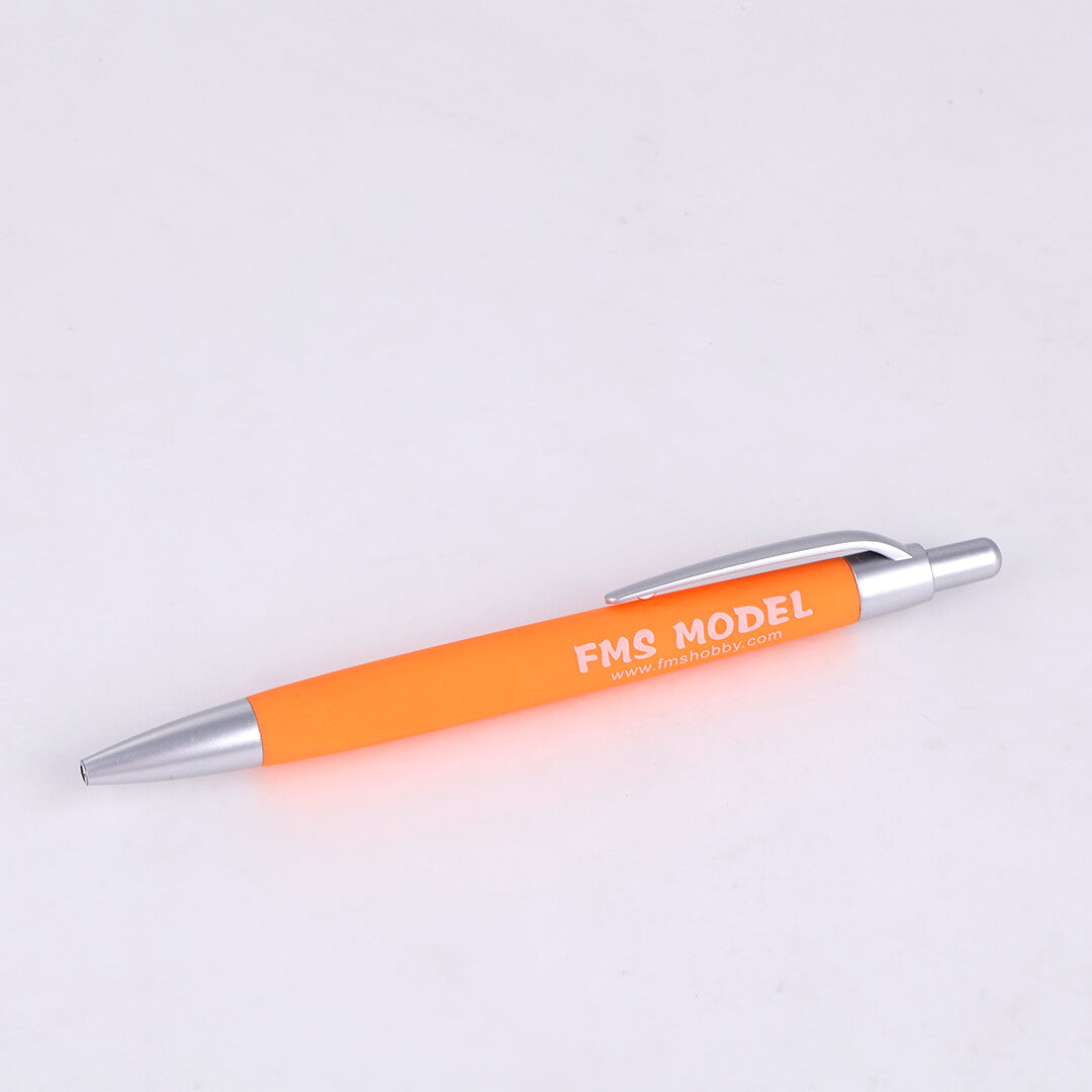 Orange FMS Model ballpoint pen showcasing logo and website link