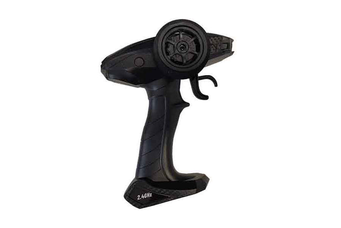 FMS HT-TX02 remote controller for RC vehicles with steering wheel and trigger.