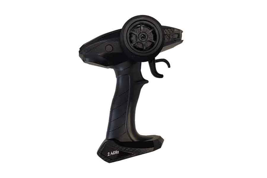FMS HT-TX02 remote controller for RC vehicles with steering wheel and trigger.
