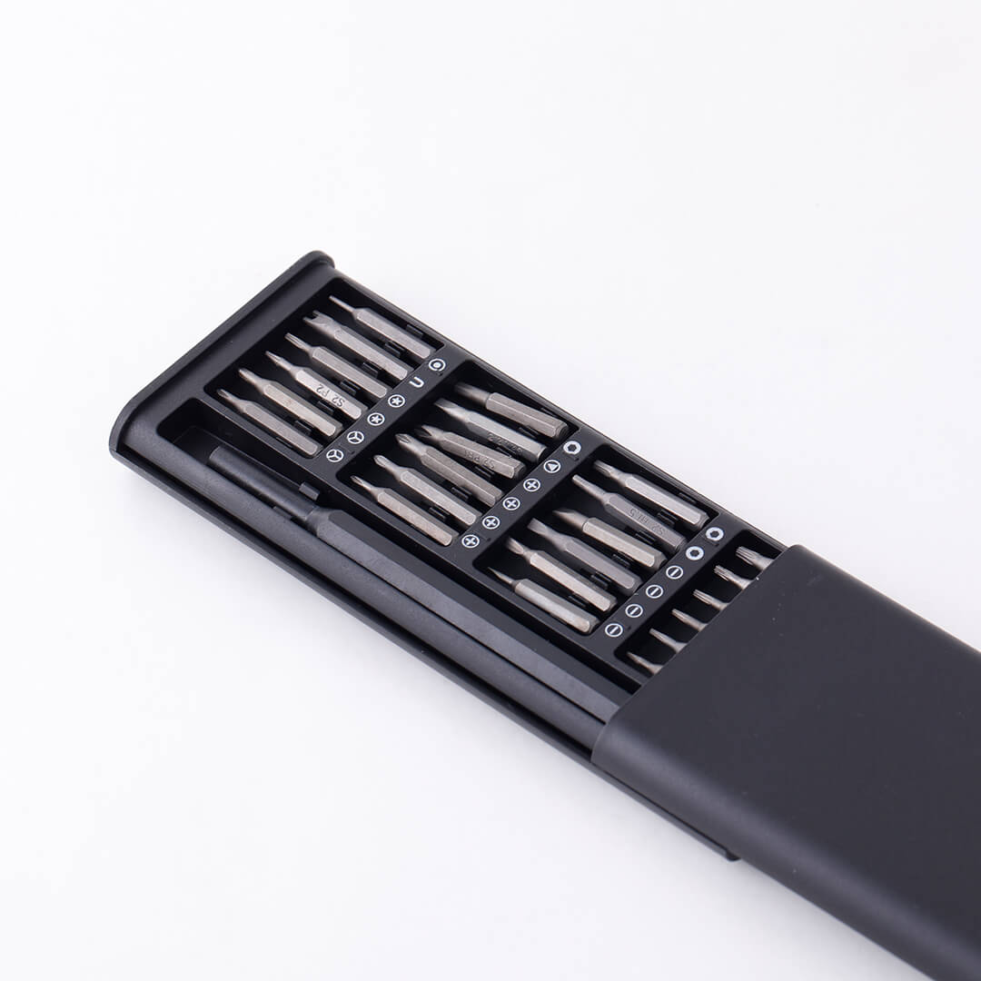 24-in-1 screwdriver set with multiple bits in sleek black storage case