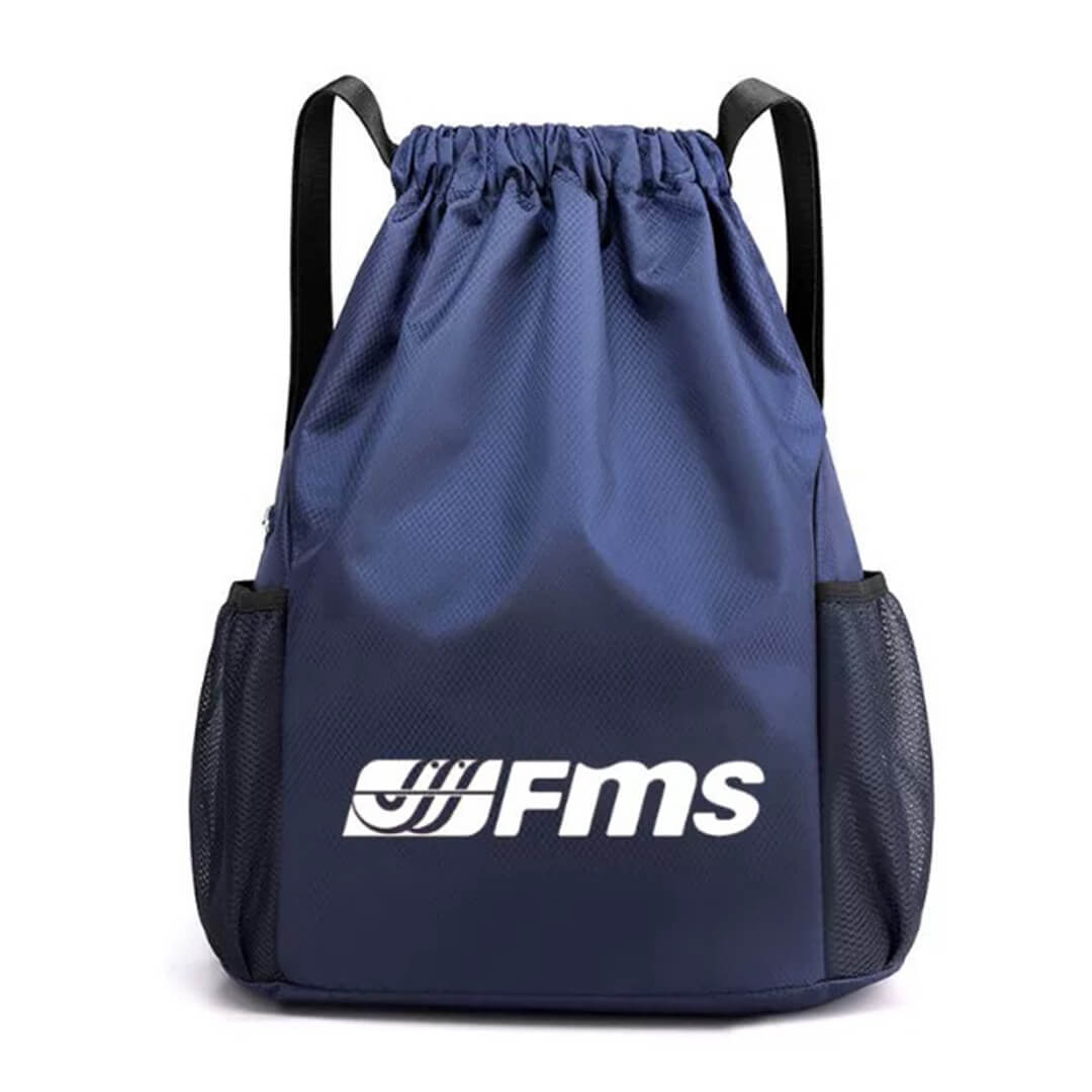 Navy waterproof drawstring backpack featuring FMS branding