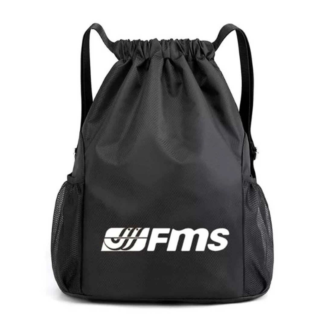 Black waterproof drawstring backpack with FMS logo and side mesh pockets