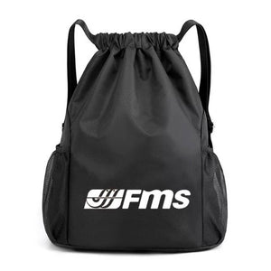 Black waterproof drawstring backpack with FMS logo and side mesh pockets
