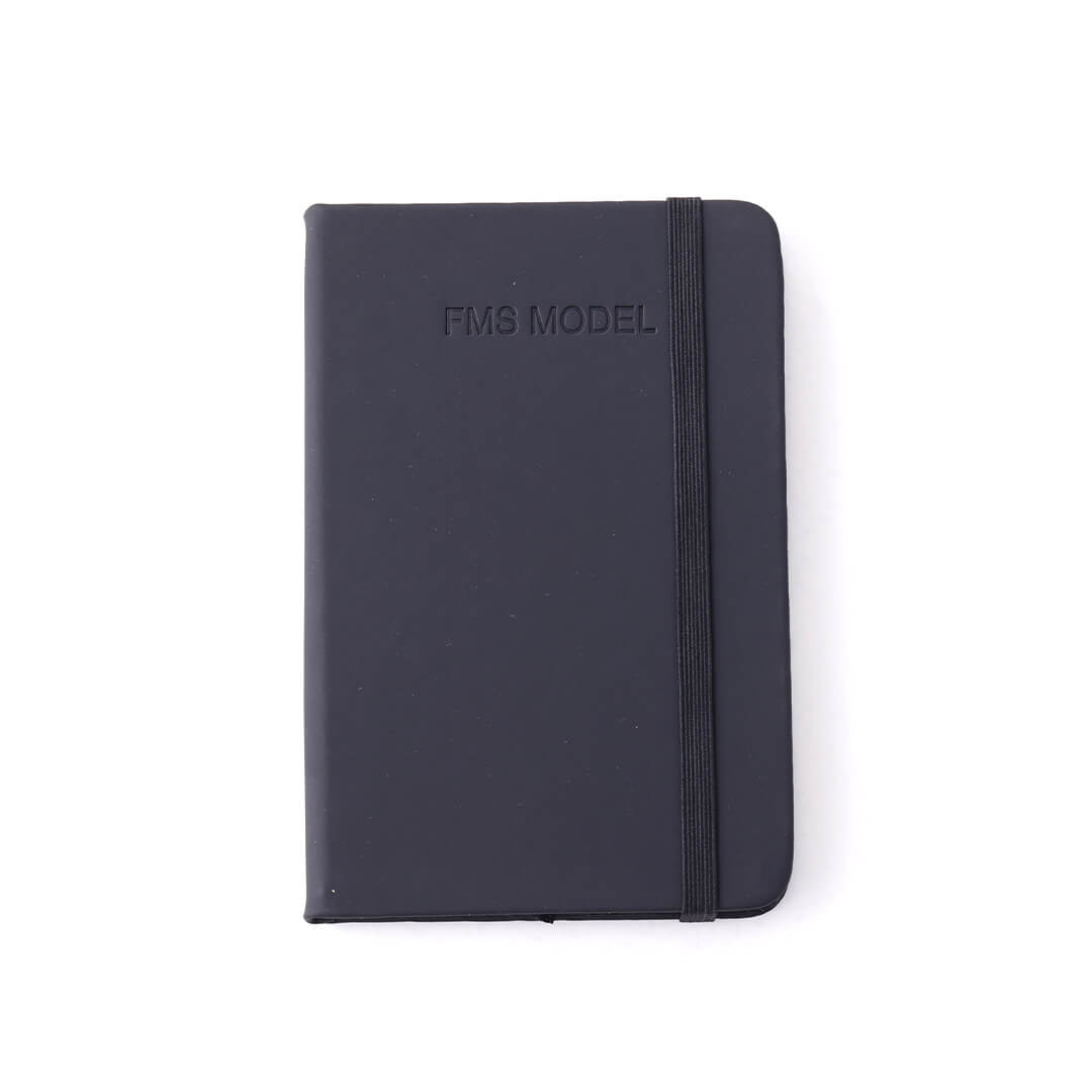 Sleek black FMS MODEL notebook with elastic closure and embossed branding
