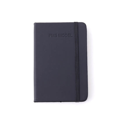 Sleek black FMS MODEL notebook with elastic closure and embossed branding