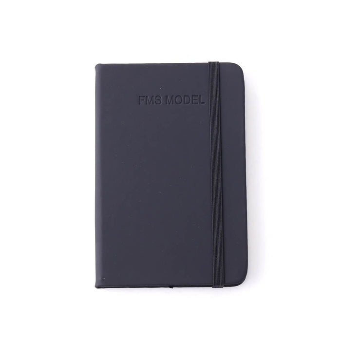 Sleek black FMS MODEL notebook with elastic closure and embossed branding