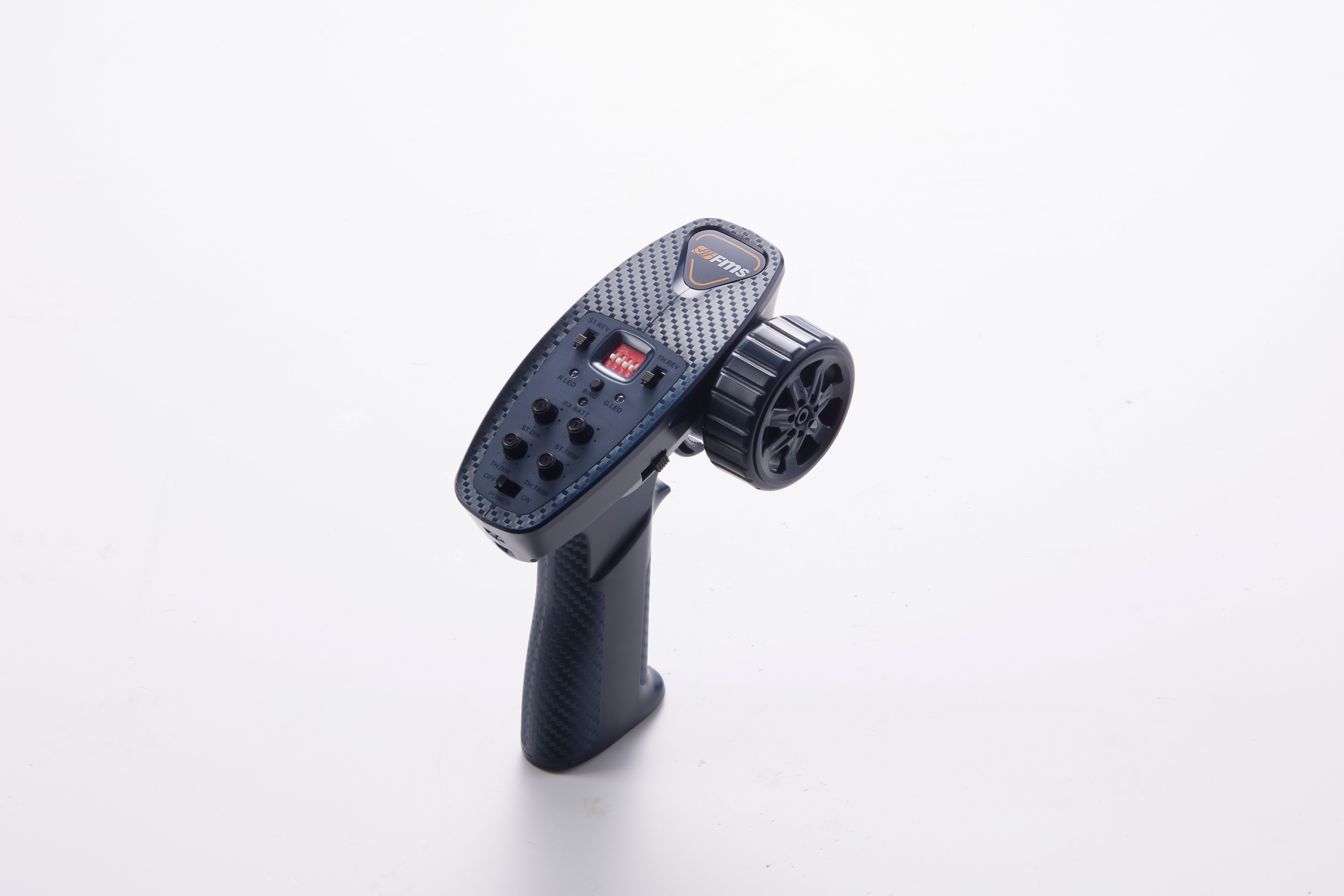 Remote control transmitter for RC vehicles with buttons and steering wheel