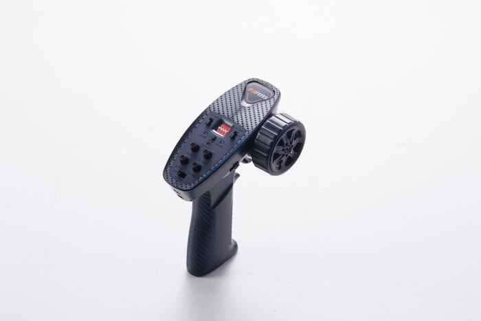 Remote control transmitter for RC vehicles with buttons and steering wheel