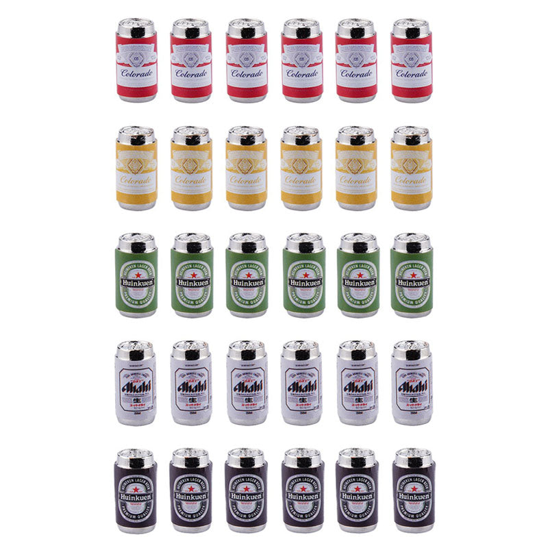 Collection of 6 mini beer cans featuring assorted labels and colors for themed decor.