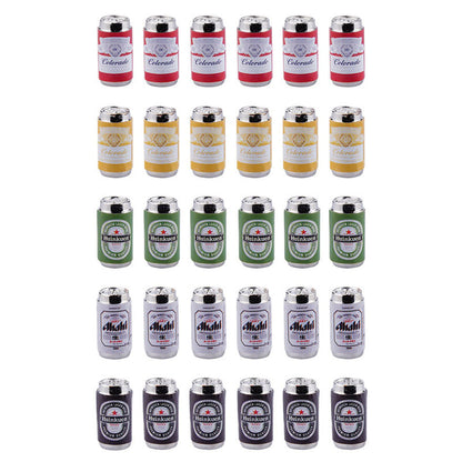 Collection of 6 mini beer cans featuring assorted labels and colors for themed decor.