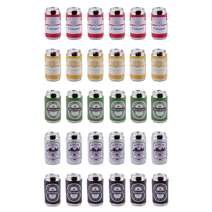 Collection of 6 mini beer cans featuring assorted labels and colors for themed decor.