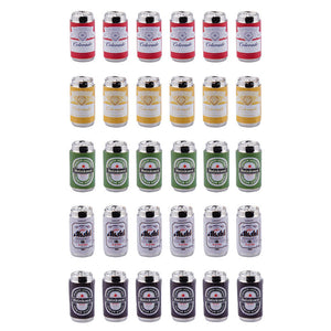 Collection of 6 mini beer cans featuring assorted labels and colors for themed decor.