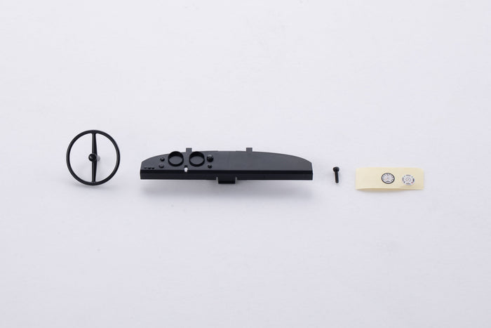 1/18 Mogrich dashboard set components: dashboard panel, steering wheel, screw, and decal