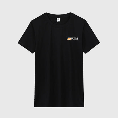 Black FMS Custom T-shirt with orange logo on front.