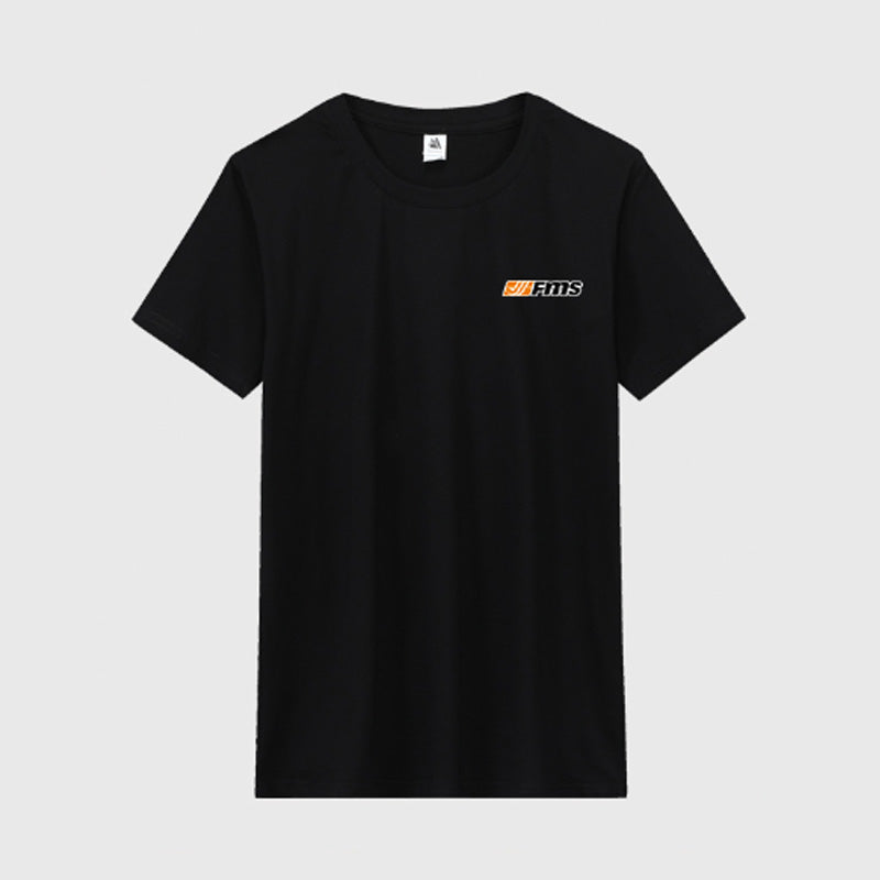 Black FMS Custom T-shirt with orange logo on front.