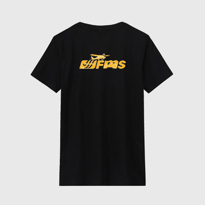 Back view of black FMS T-shirt featuring yellow logo design.